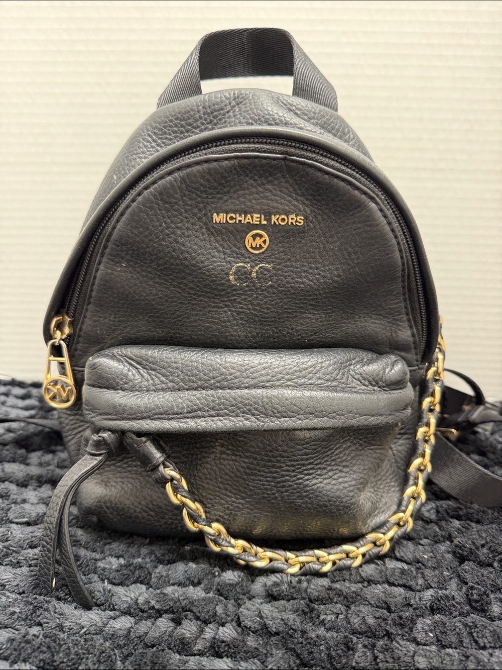 Michael Kors Black Leather Mini Backpack with Gold Accents